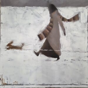 Walk with Chloe by Igor Shulman, original oil painting of a woman walking with a small dog across a snowy white landscape.