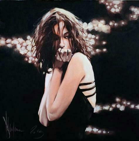 Nina (Remastering), 2013 – original oil painting by Igor Shulman Remastering oil painting Nina by Igor Shulman, figurative realism with a contemplative woman against golden night lights.