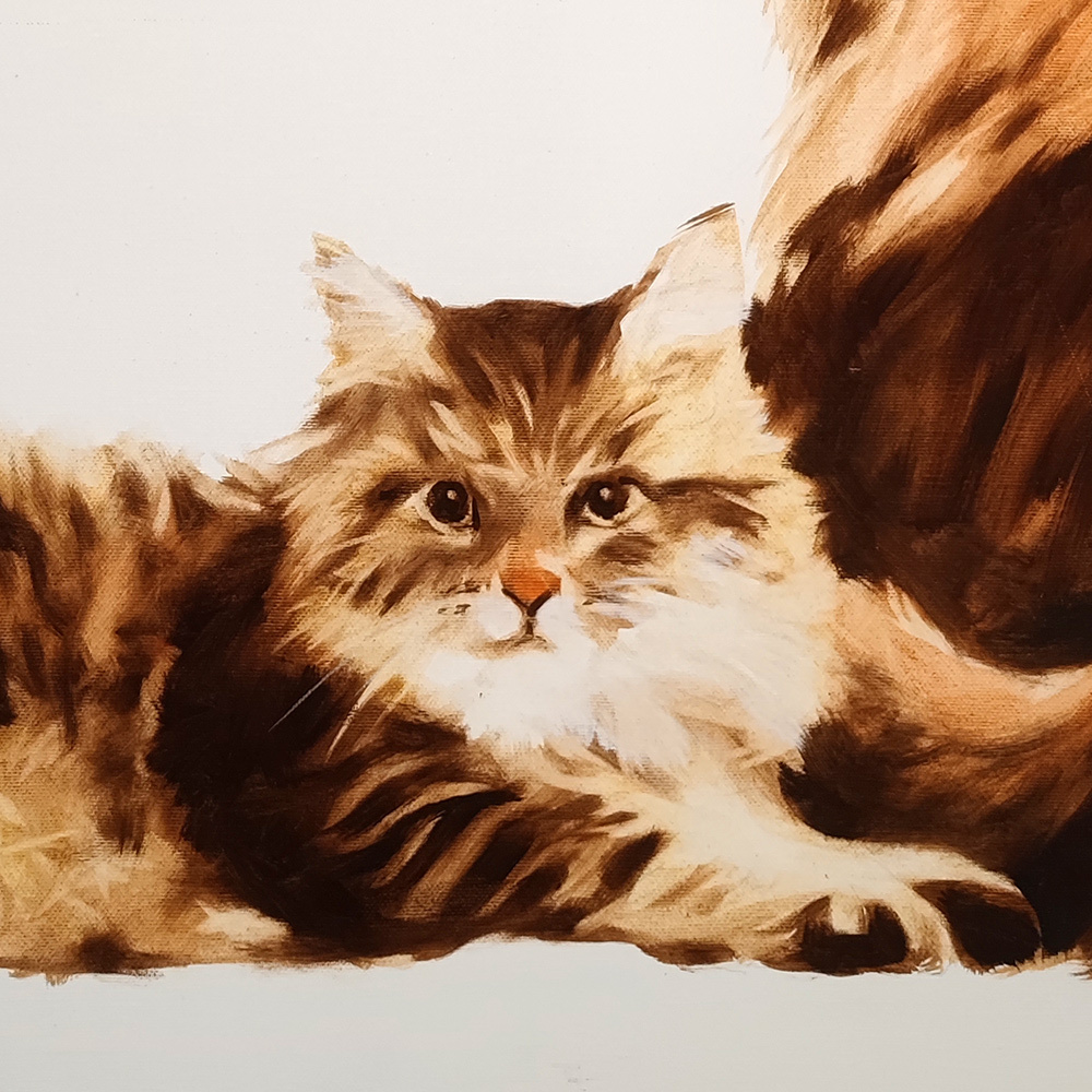 Close-up of the seated cat in Cats by Igor Shulman showing head and upper body