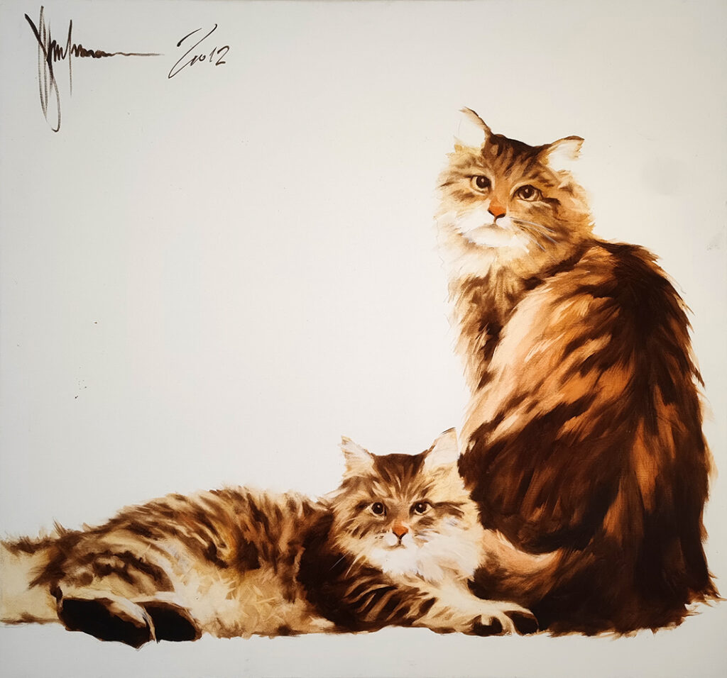 Cats by Igor Shulman, original oil painting showing two long-haired domestic cats against a light background