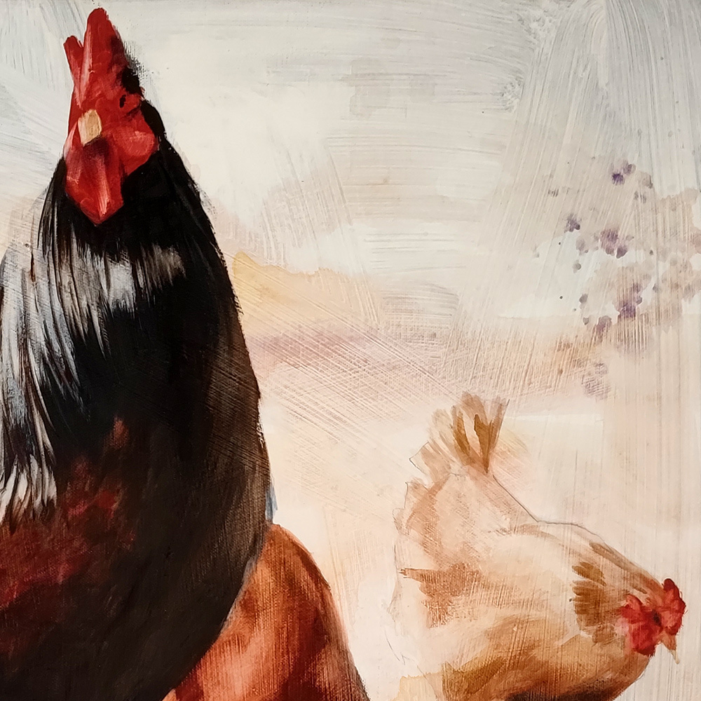 Detail of rooster head and feathers in Chicken Yard by Igor Shulman