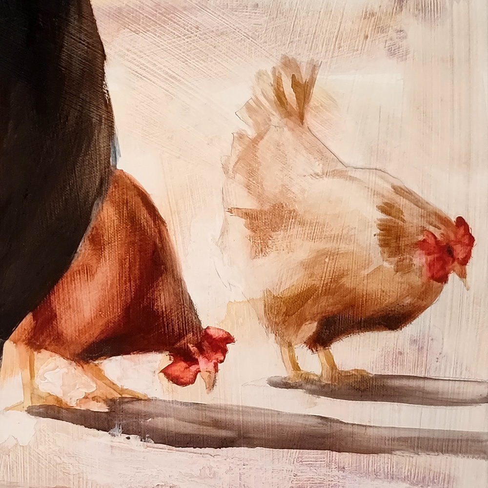 Hen detail from Chicken Yard original oil painting by Igor Shulman