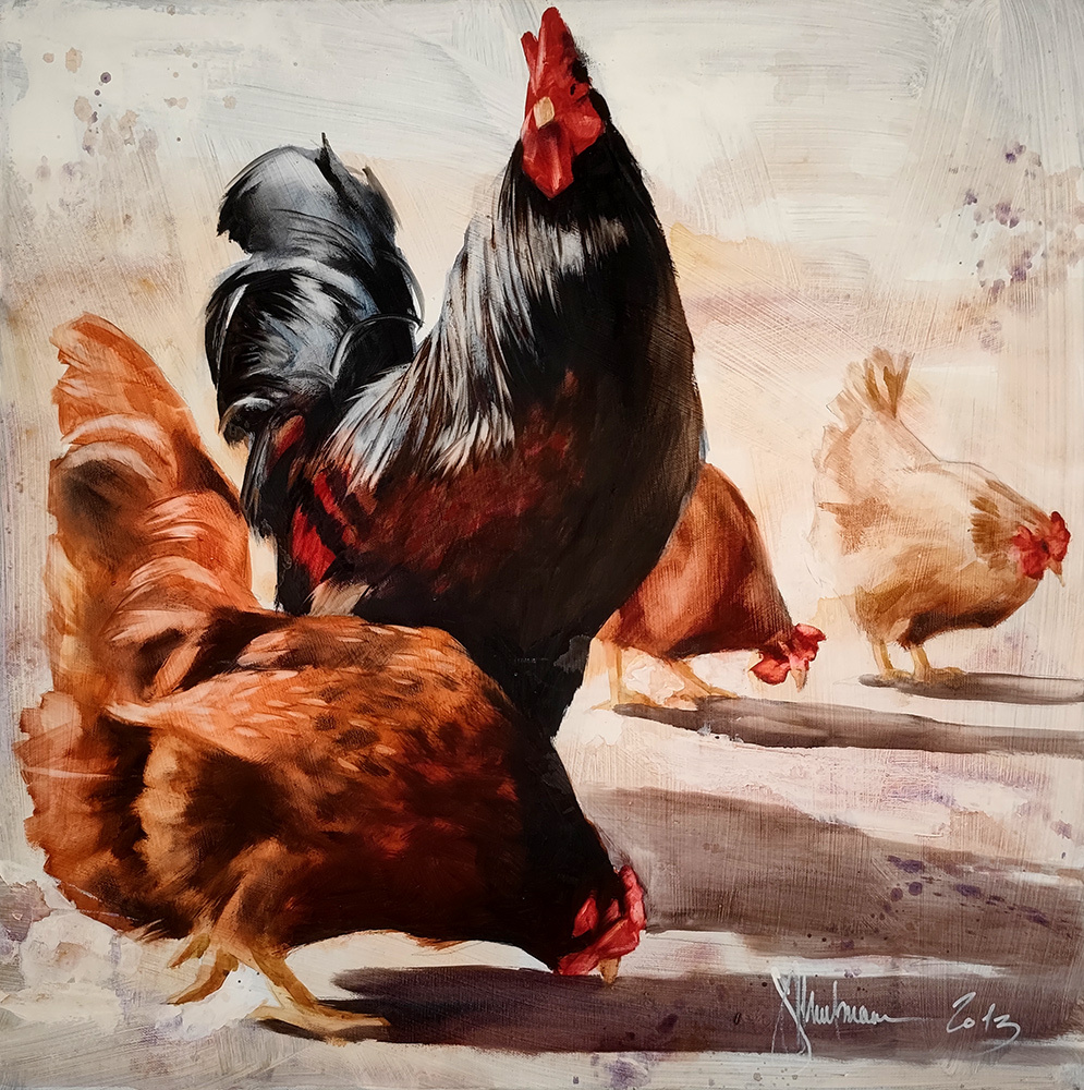 Chicken Yard by Igor Shulman, original oil painting of a rooster and hens, 2013