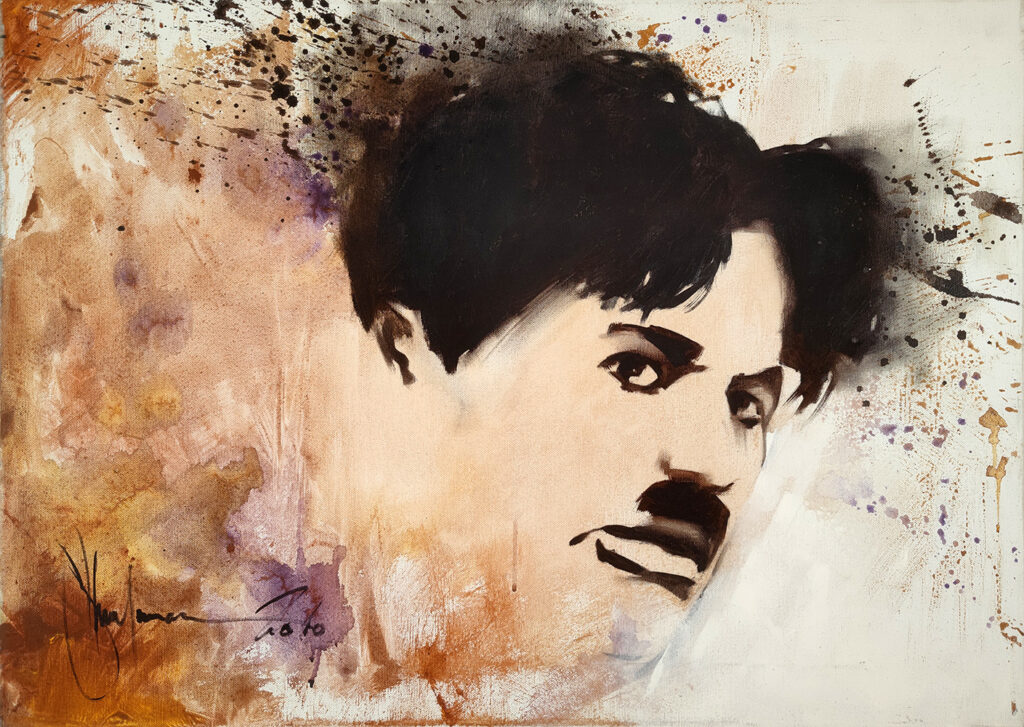 Cinema 5 by Igor Shulman, original oil painting of Charlie Chaplin, 2010