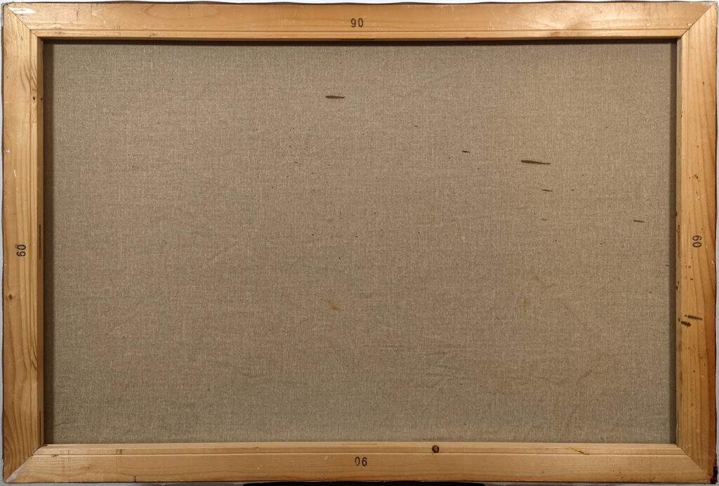 Reverse side of Dancing Nude by Igor Shulman showing the original linen canvas and stretcher.