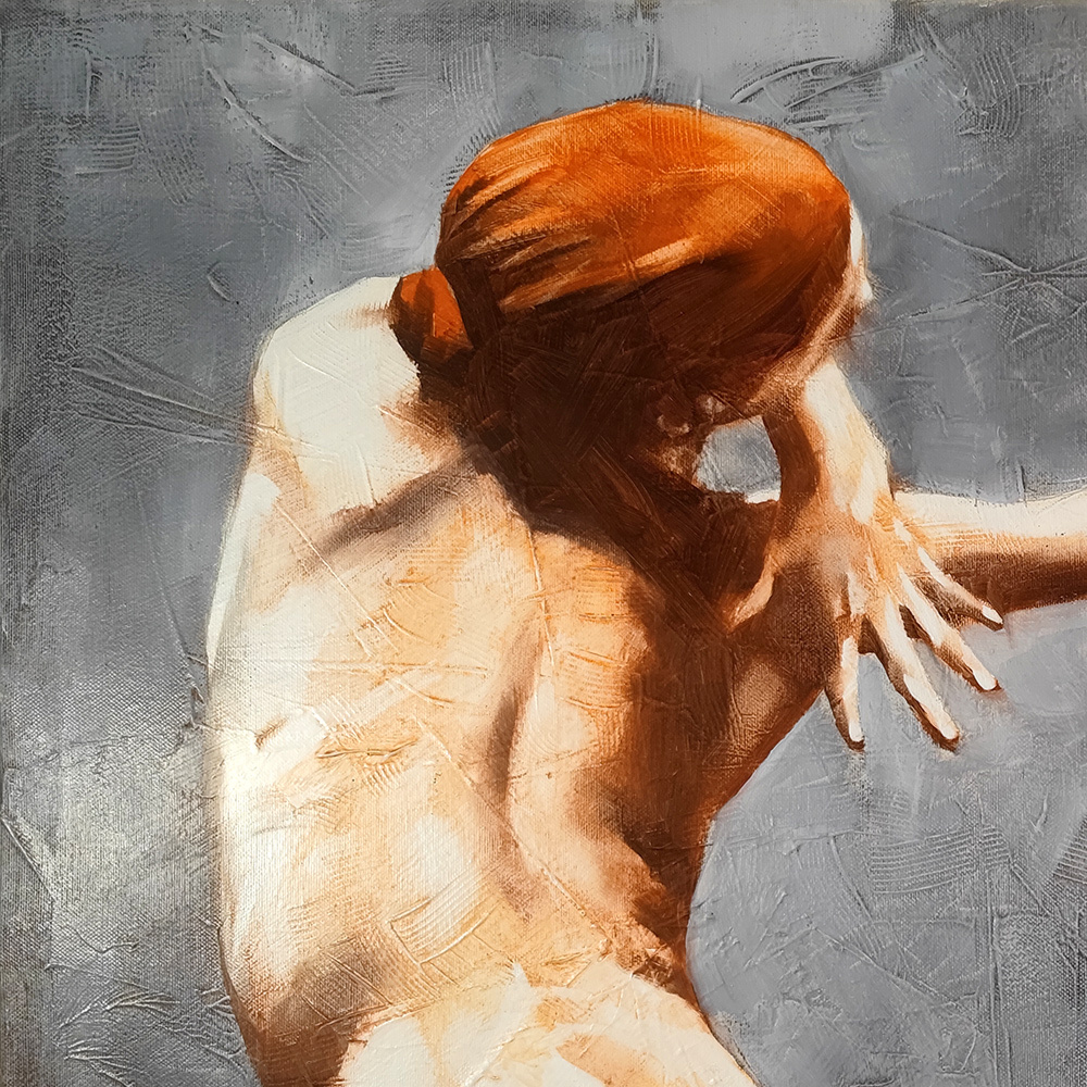 Detail of Dancing Nude by Igor Shulman showing the figure's head, shoulder and expressive brushwork.