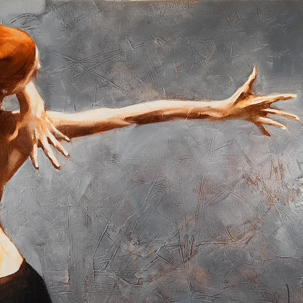 Close-up detail of the extended hand in Dancing Nude by Igor Shulman, highlighting expressive anatomy and brushwork.