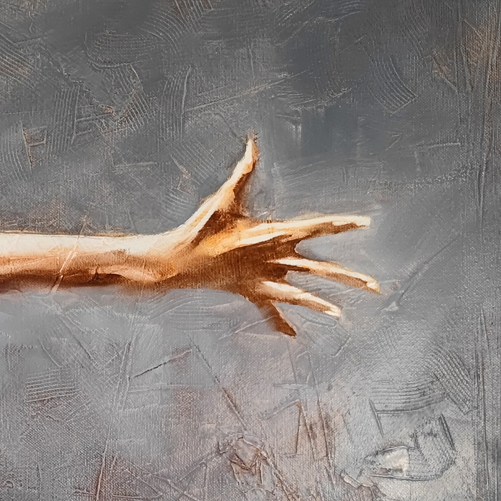 Detail of the expressive hand gesture in Dancing Nude by Igor Shulman, showing dynamic movement and rich oil paint texture.