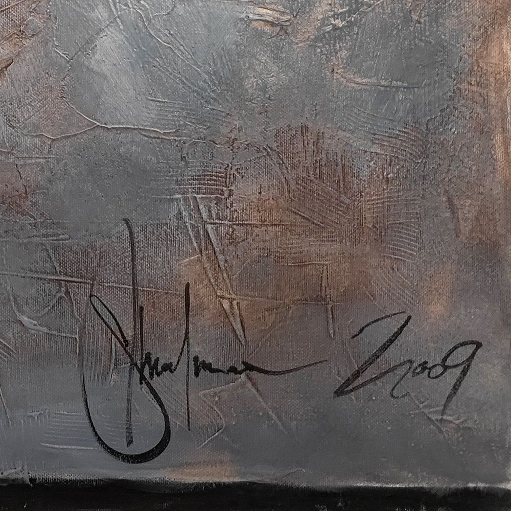 Close-up of Igor Shulman's original signature on Dancing Nude, painted in 2009.