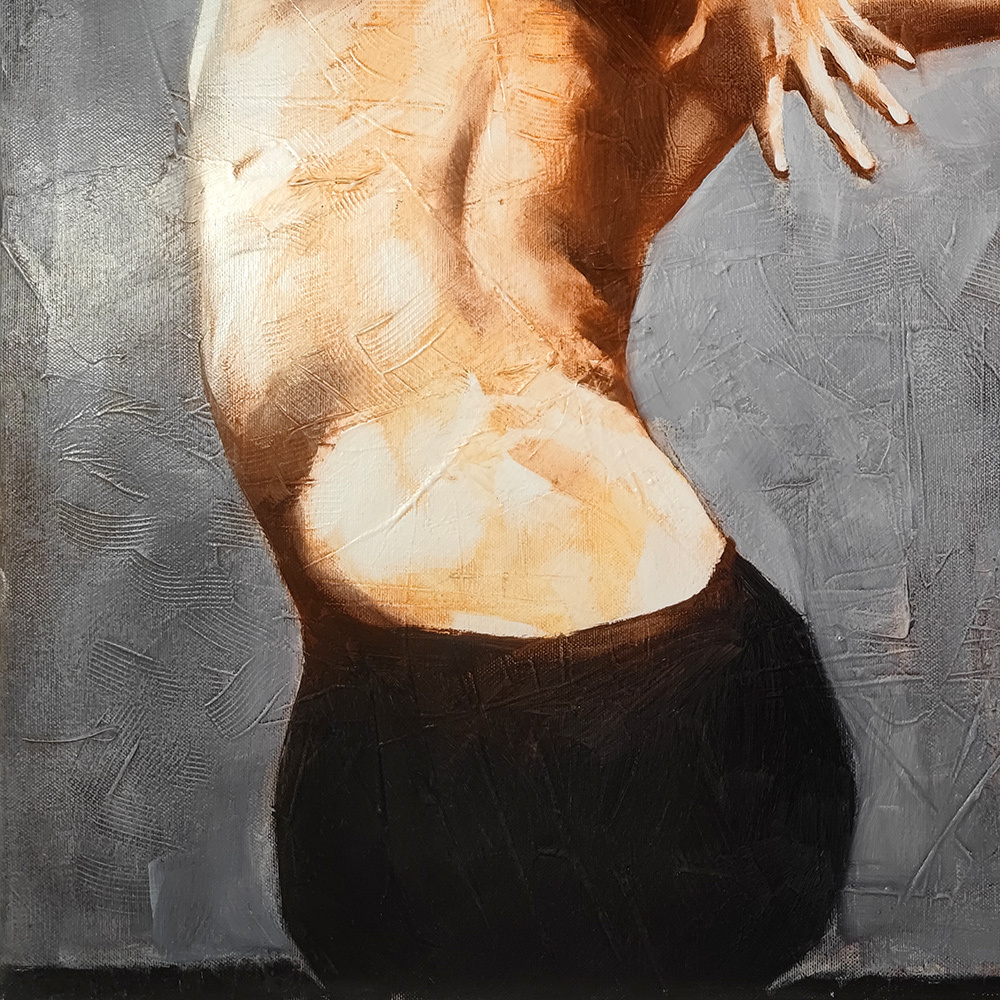 Detail of the female figure's back in Dancing Nude by Igor Shulman, showing texture, light and expressive oil brushwork.