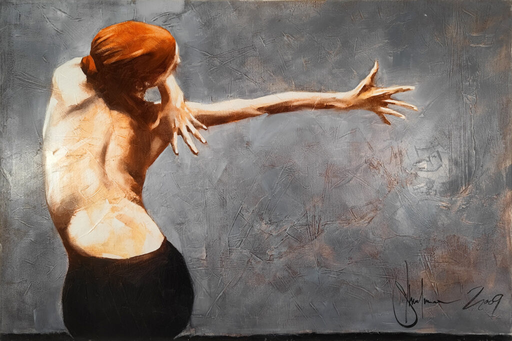 Dancing Nude original oil painting by Igor Shulman, 2009. Expressive figurative artwork of a female dancer with an extended arm on a textured grey background.