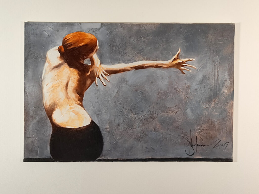 Dancing Nude by Igor Shulman shown displayed on a wall to illustrate the artwork's scale and appearance.