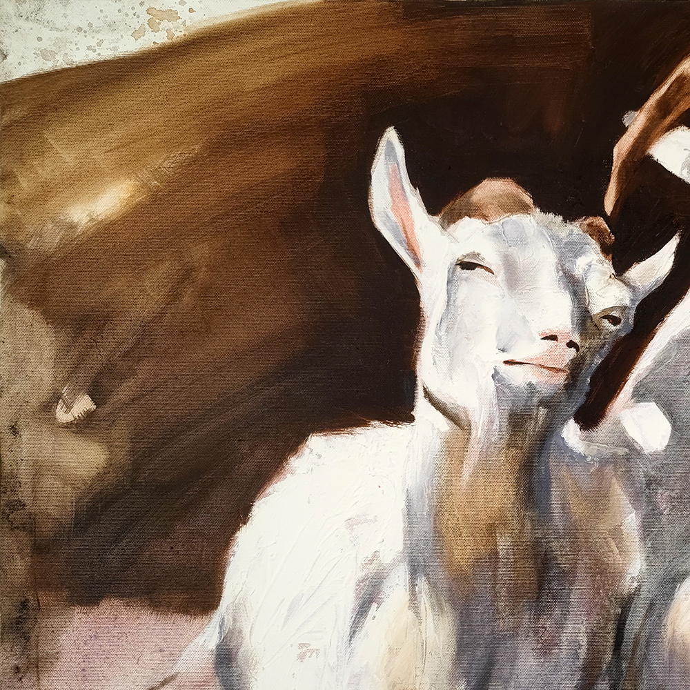 Close-up of the front goat in Happy Family by Igor Shulman showing facial details and textured brushwork