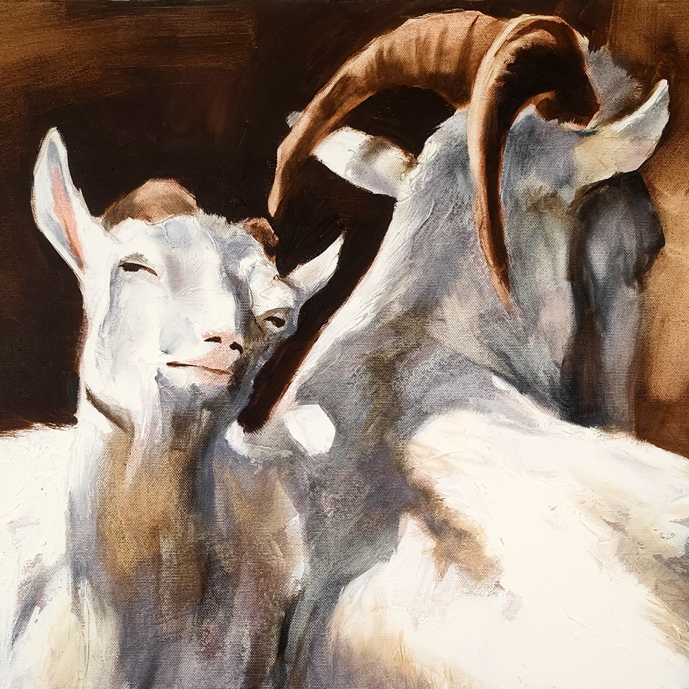 Detail of the goat with curved horns in Happy Family by Igor Shulman