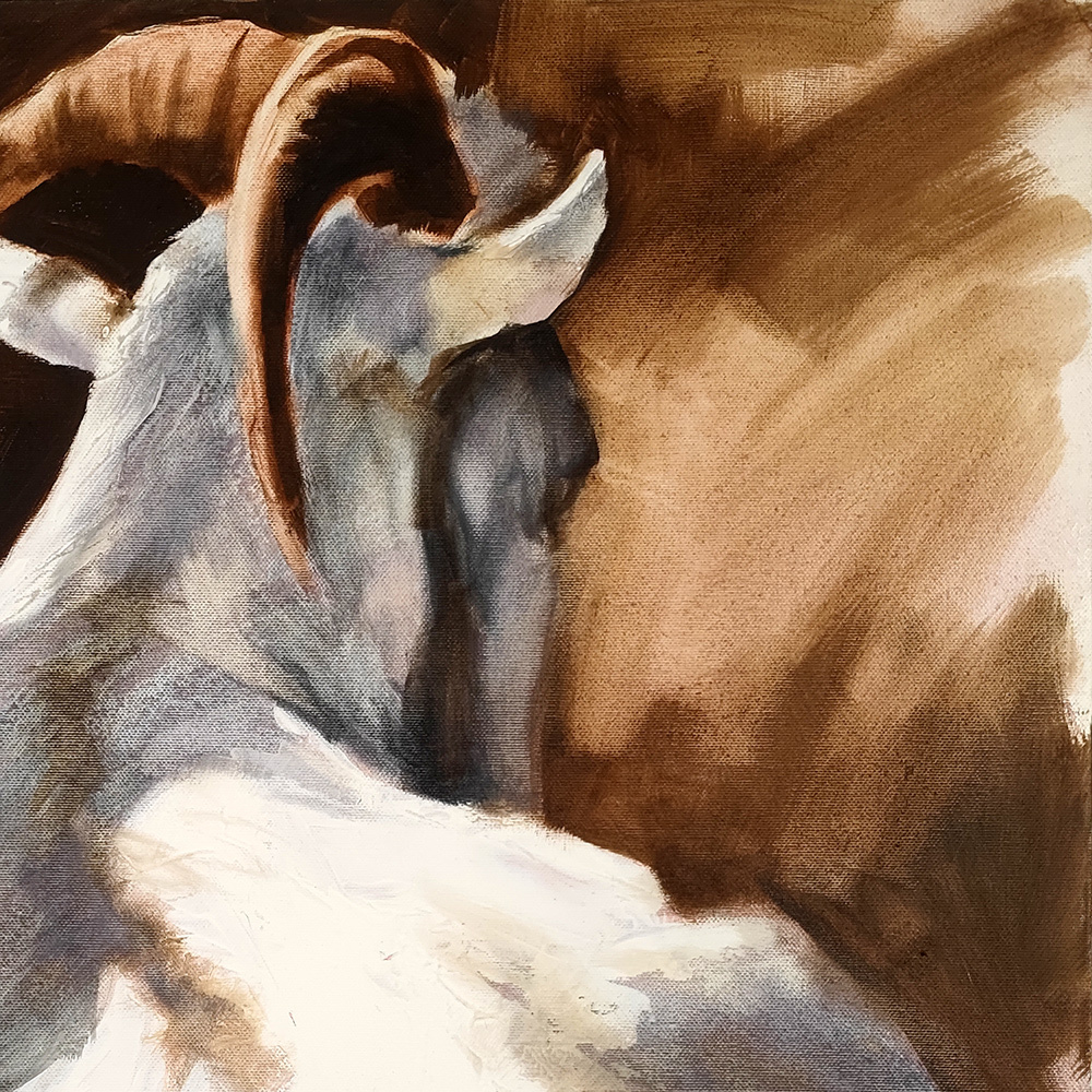Close-up of overlapping goats and expressive oil brushwork in Happy Family by Igor Shulman