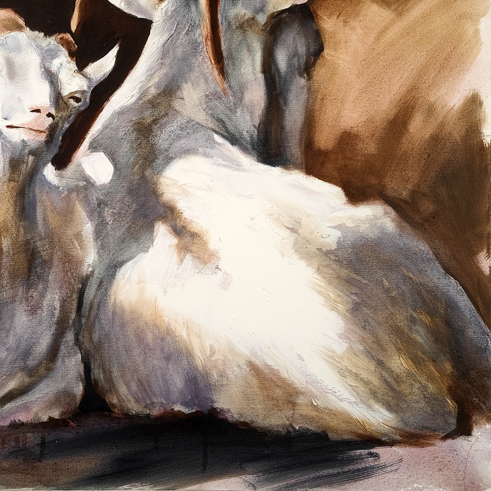 Detail of white fur and light effects in Happy Family oil painting by Igor Shulman
