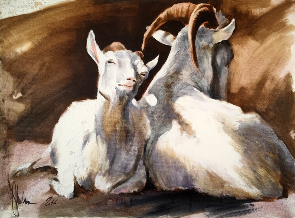 Happy Family by Igor Shulman, original oil painting of two white goats resting together on canvas