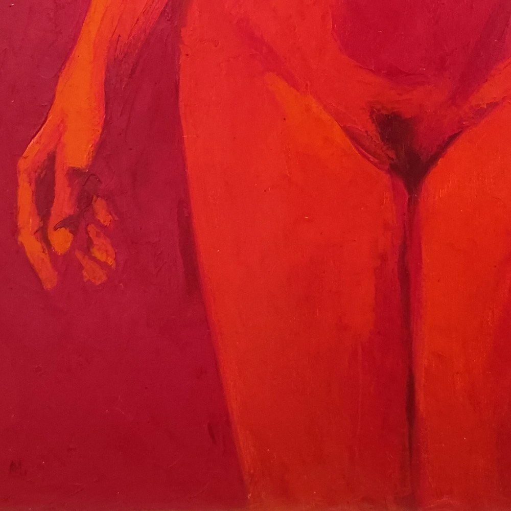 Close-up of the left side of the figure showing layered oil brushwork