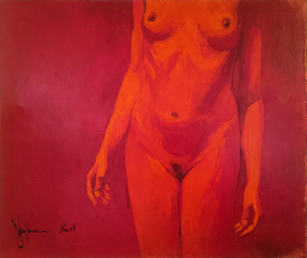 Nude #111 by Igor Shulman, original oil painting on linen canvas showing a standing female nude against a deep red background.