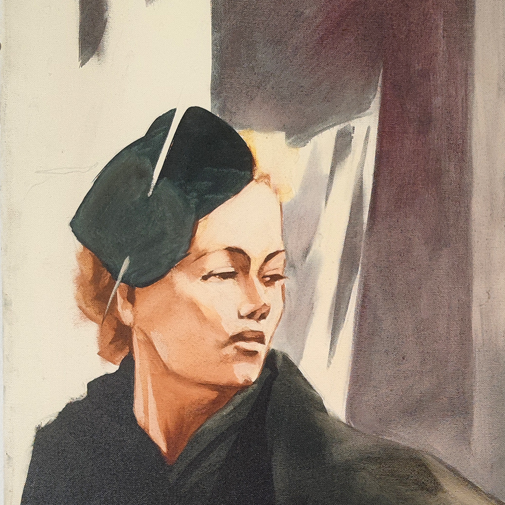 Detail of Quadriptych #1 – woman's face and dark cap, oil painting by Igor Shulman, 2008