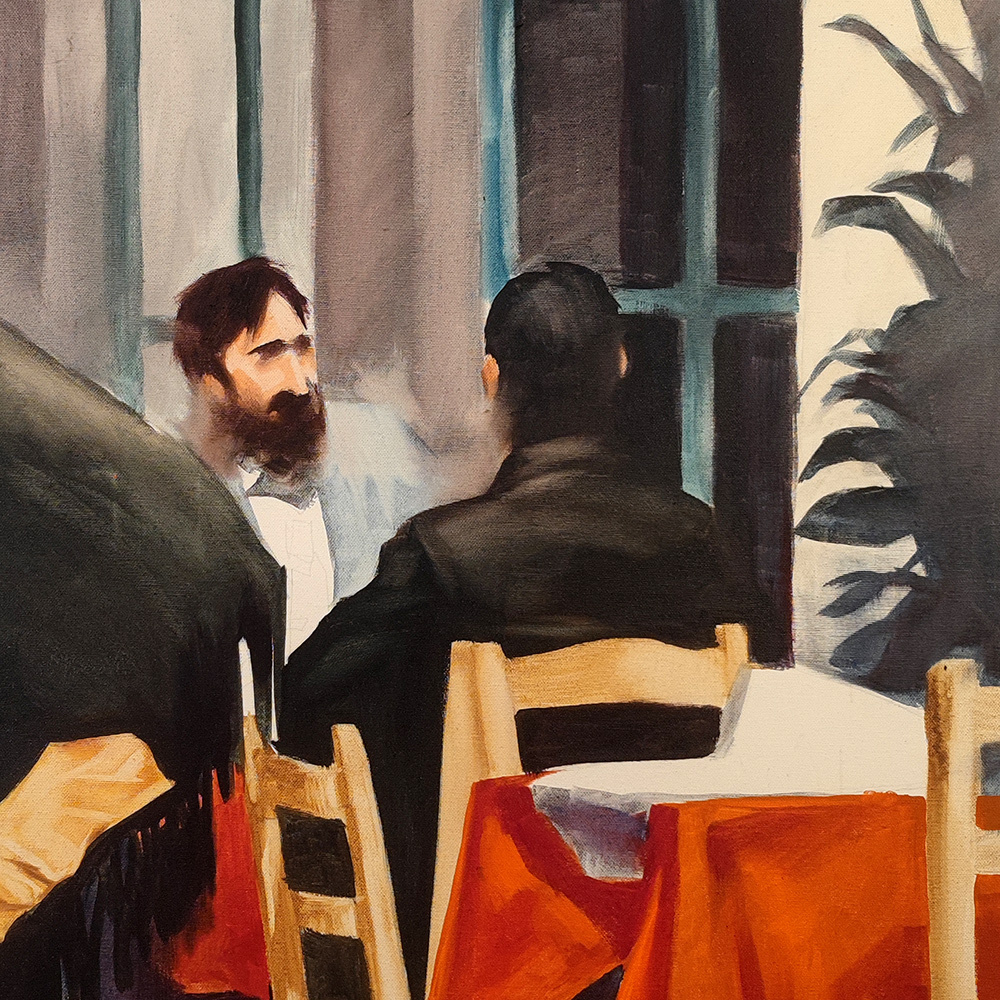 Detail of Quadriptych #1 – two men seated at an orange-clothed café table, oil painting by Igor Shulman