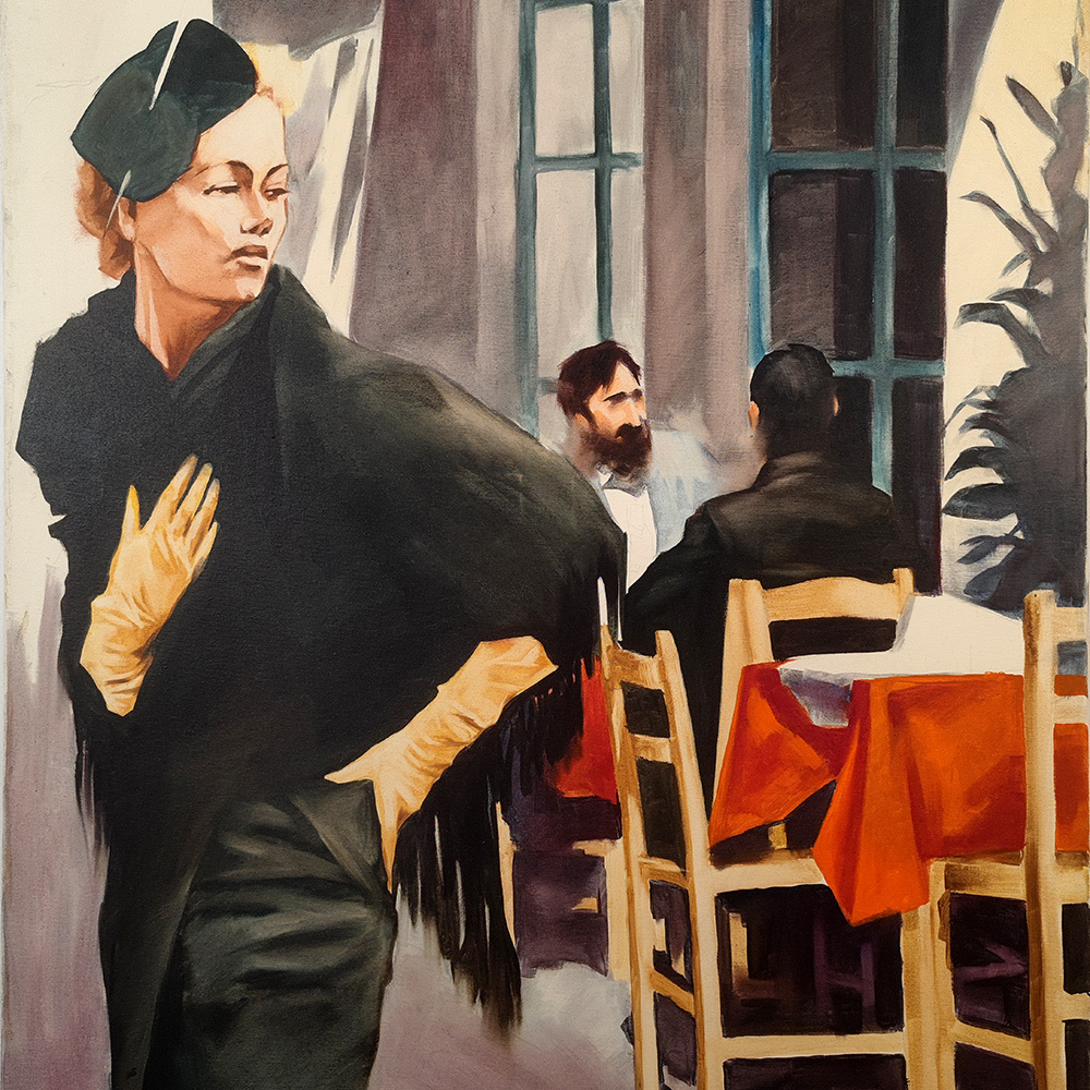 Detail of Quadriptych #1 – paned windows and café interior architecture, oil on canvas by Igor Shulman