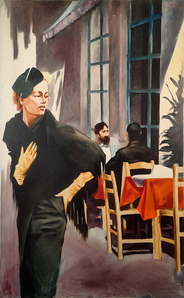 Quadriptych for a Bar Interior #1, oil painting by Igor Shulman: a woman in a dark coat and gloves at a café table.