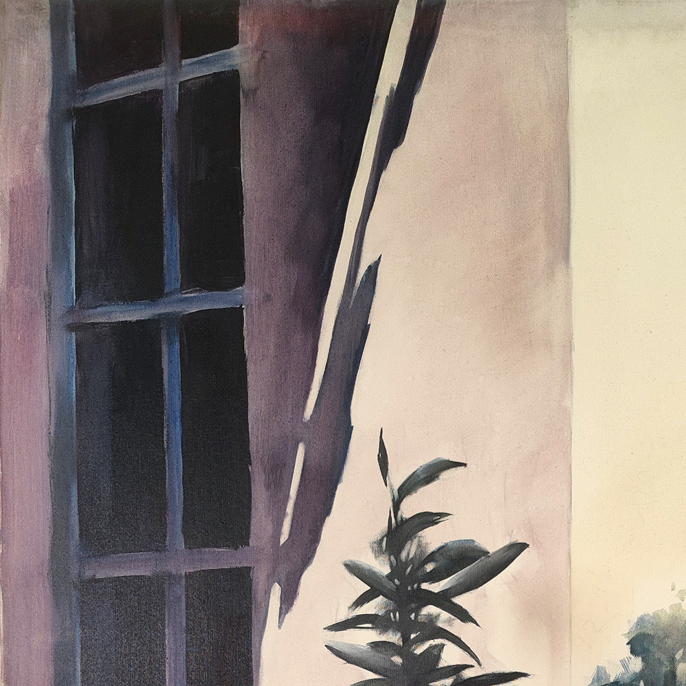 Detail of Quadriptych #2 – paned window, potted plant and diagonal light, oil painting by Igor Shulman