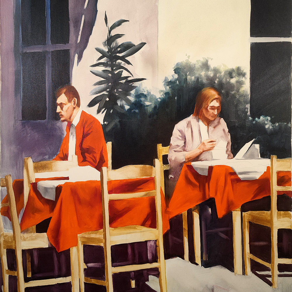 Detail of Quadriptych #2 – two figures seated separately at orange-clothed tables, oil painting by Igor Shulman