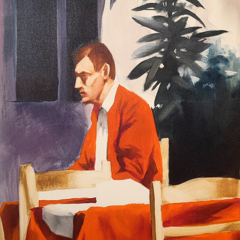 Detail of Quadriptych #2 – man in orange-red shirt seated at café table, oil on canvas by Igor Shulman