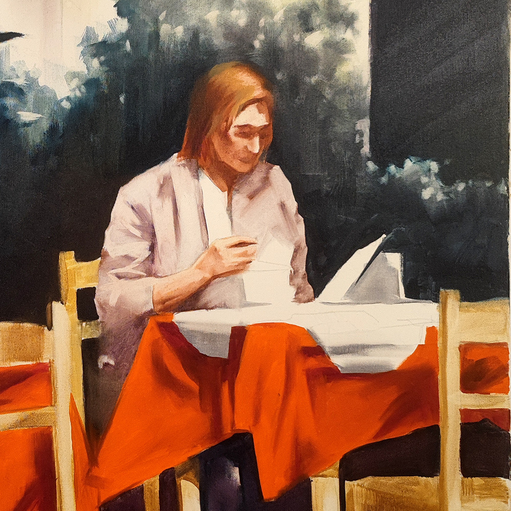 Detail of Quadriptych #2 – woman with auburn hair reading at a café table, Igor Shulman, 2008