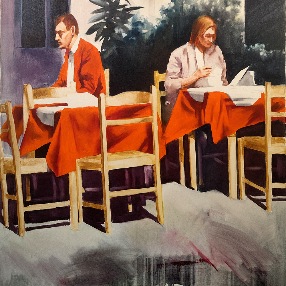 Detail of Quadriptych #2 – orange tablecloths and ladder-back chairs, oil on canvas by Igor Shulman