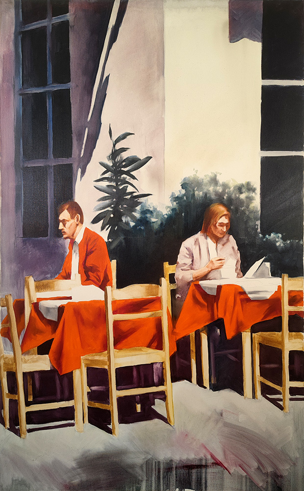 Quadriptych for a Bar Interior #2, oil painting by Igor Shulman: a man and woman seated apart at café tables.