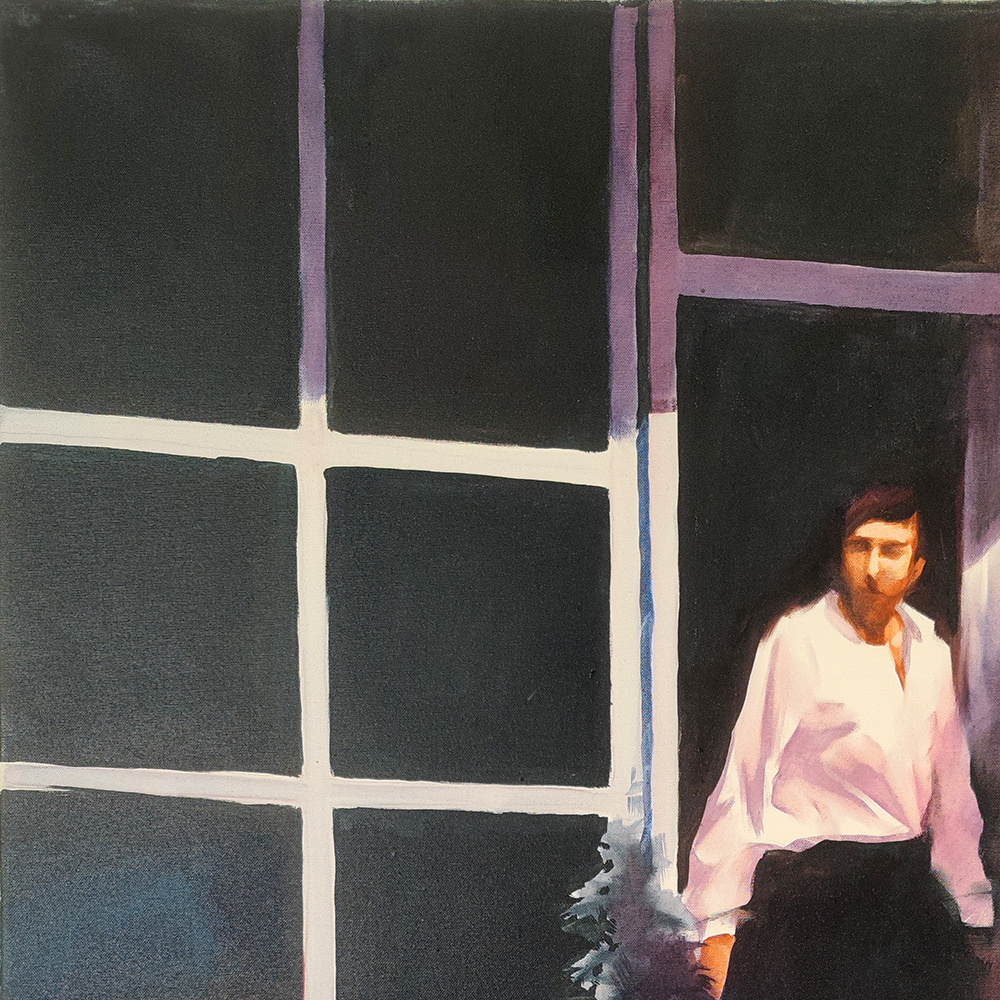 Detail of Quadriptych #3 – man in white shirt standing at a lit doorway, oil on canvas by Igor Shulman