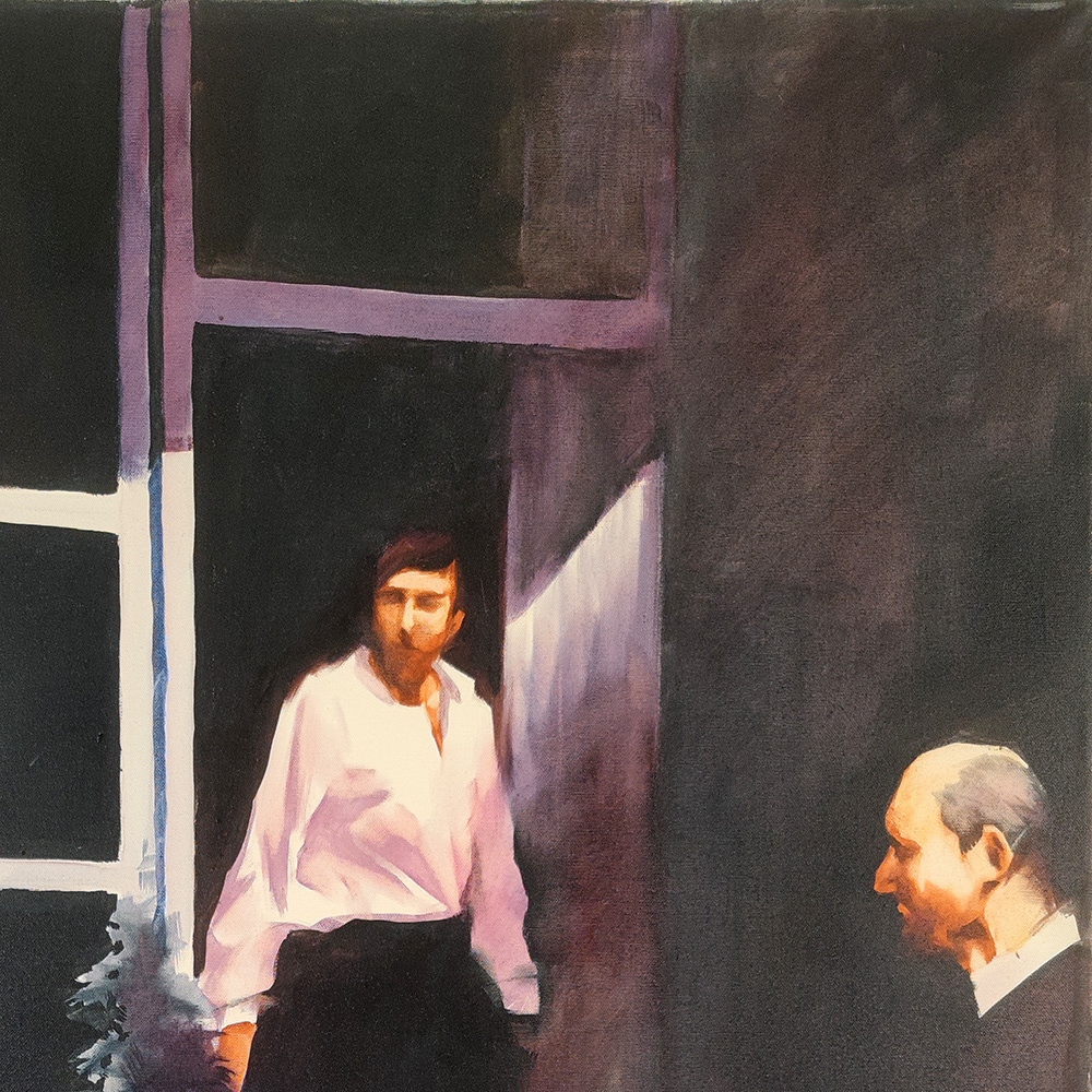 Detail of Quadriptych #3 – standing man in white shirt meeting an older figure at the café entrance, Igor Shulman
