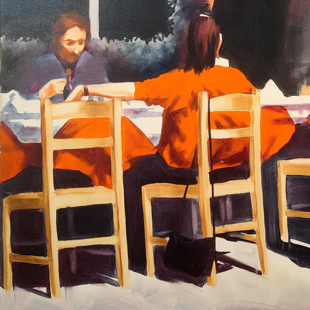 Detail of Quadriptych #3 – two women seated at an orange-clothed table, backs to the viewer, Igor Shulman