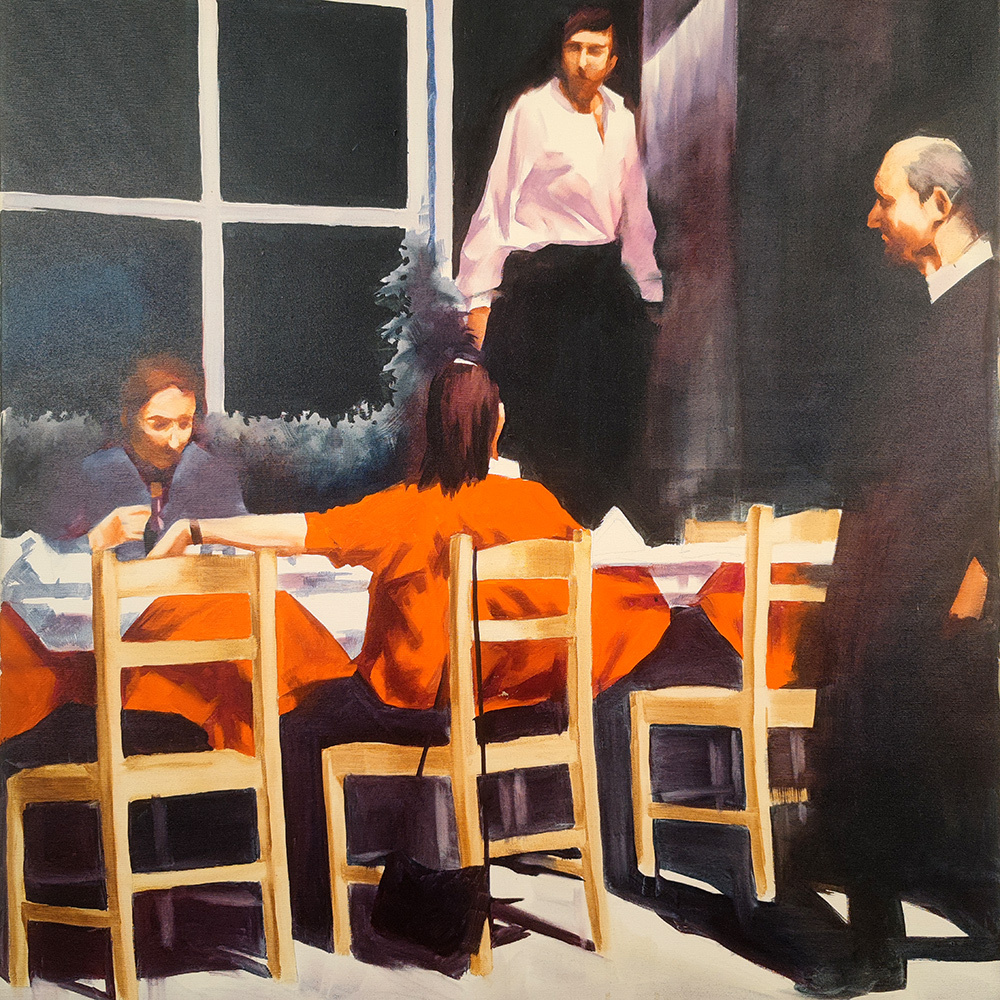 Detail of Quadriptych #3 – orange tablecloth and ladder-back chairs in foreground, oil painting by Igor Shulman