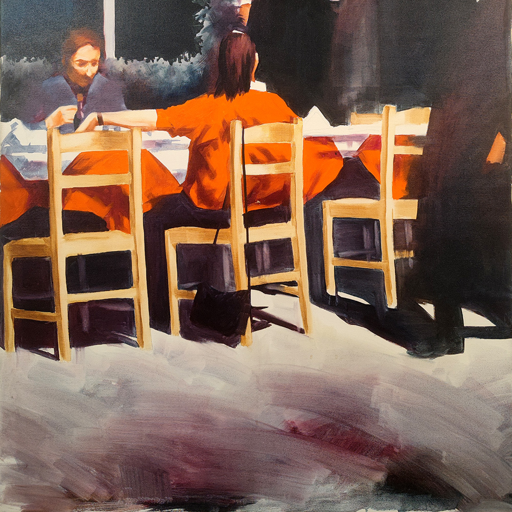 Detail of Quadriptych #3 – dark café interior with large paned window, oil on canvas by Igor Shulman