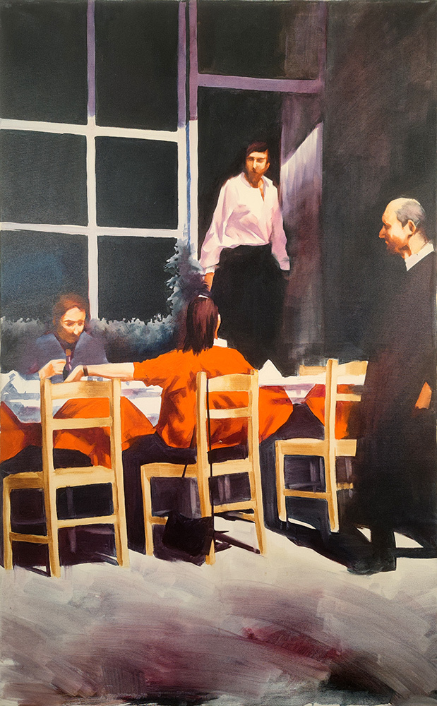 Quadriptych for a Bar Interior #3, oil painting by Igor Shulman: a lit doorway scene in a shadowed café interior.
