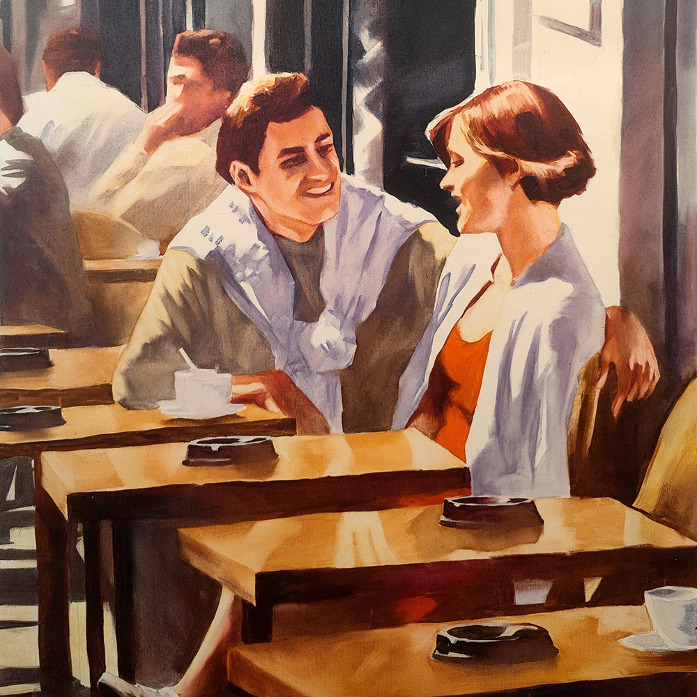 Close-up of a smiling couple seated at a café table in Quadriptych for a Bar Interior #4 by Igor Shulman.