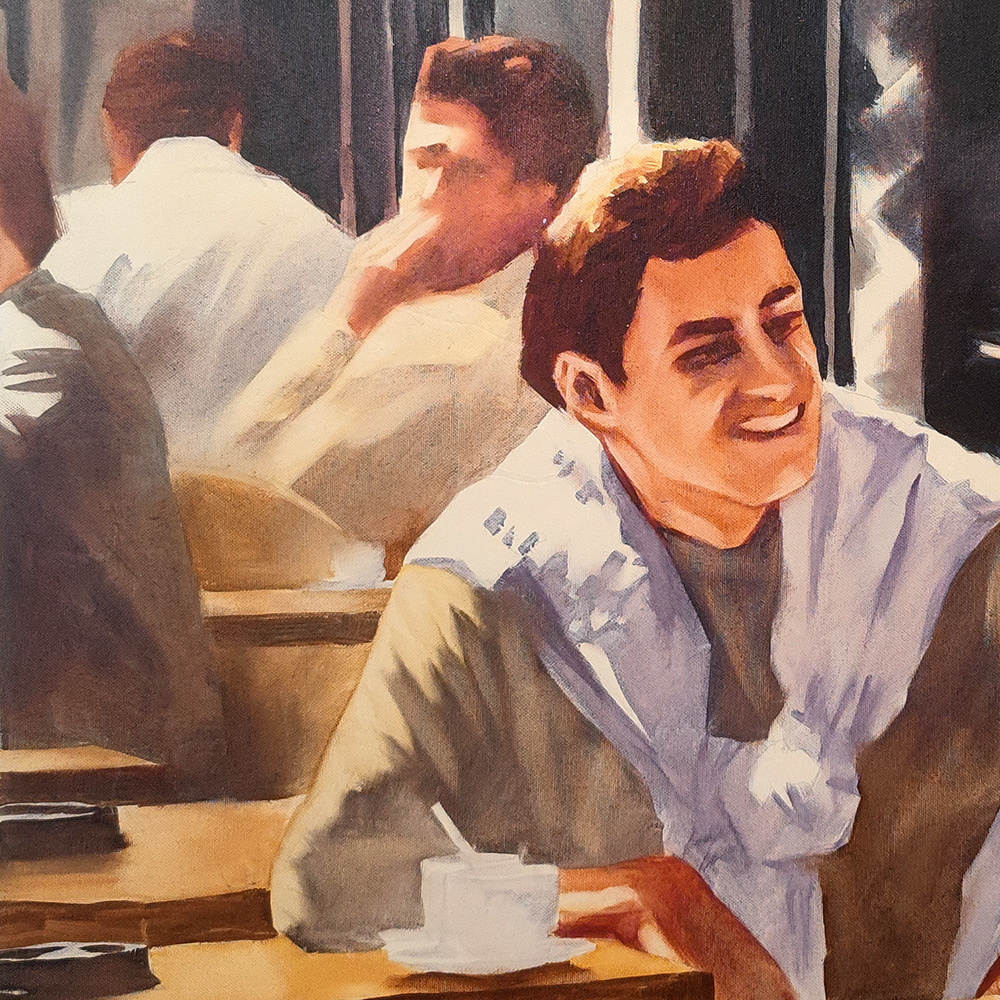 Detail showing the smiling man seated at a café in Quadriptych for a Bar Interior #4 by Igor Shulman.