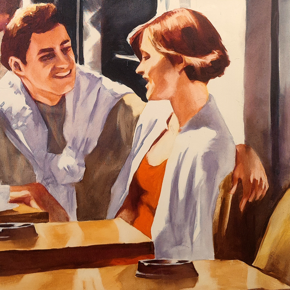 Detail of a man and woman talking across a café table in Quadriptych for a Bar Interior #4 by Igor Shulman.