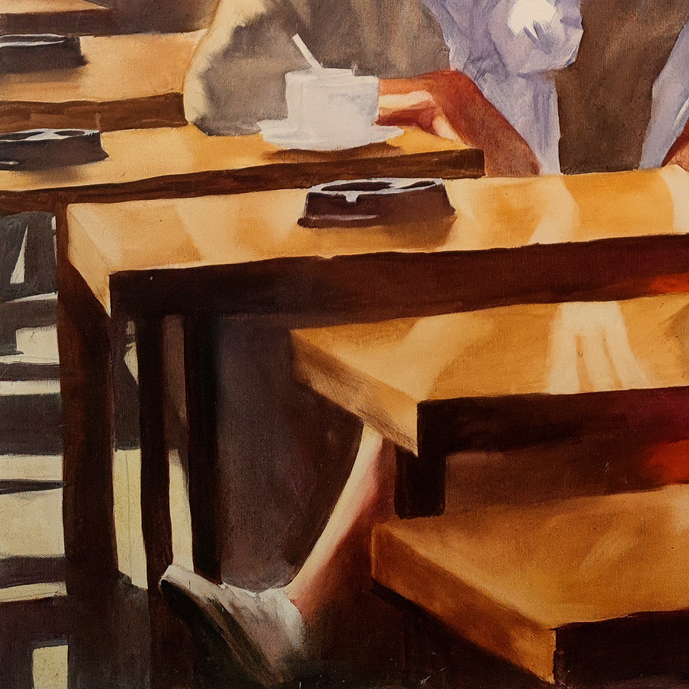 Detail of a café table with a coffee cup and saucers in Quadriptych for a Bar Interior #4 by Igor Shulman.