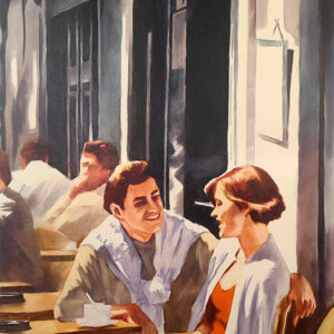 Quadriptych for a Bar Interior #4, oil painting by Igor Shulman: a couple in conversation at a café table.