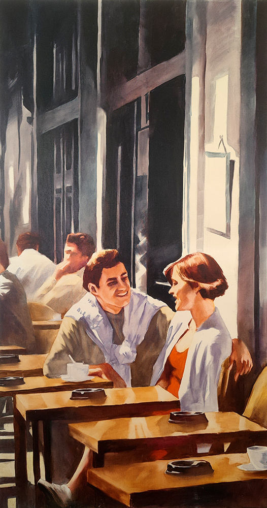 Quadriptych for a Bar Interior #4, oil painting by Igor Shulman: a couple in conversation at a café table.