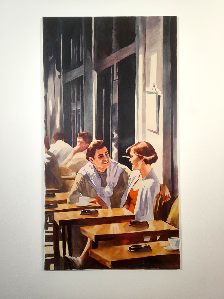 Quadriptych for a Bar Interior #4 by Igor Shulman shown on a wall to illustrate its proportions in an interior setting.