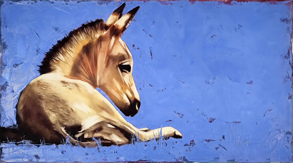 Self-Portret #5 by Igor Shulman, original oil painting of a resting young donkey against a blue background