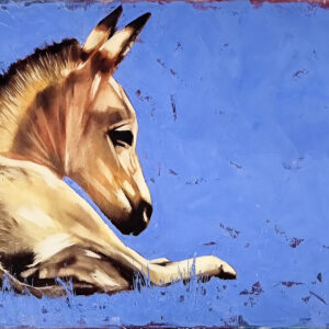 Self-Portret #5 by Igor Shulman, original oil painting of a resting young donkey against a blue background