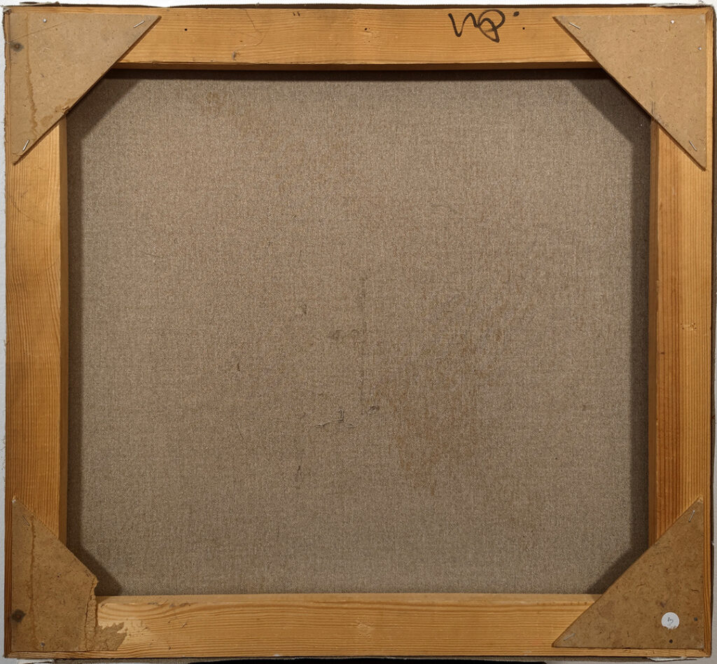 Reverse of Tired Force 2 by Igor Shulman showing original canvas and handwritten mark on the stretcher
