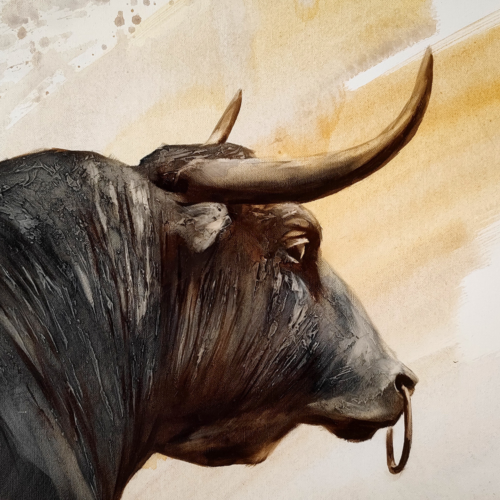 Close-up of the bull's head in Tired Force 2 by Igor Shulman showing eye, horn and expressive brushwork